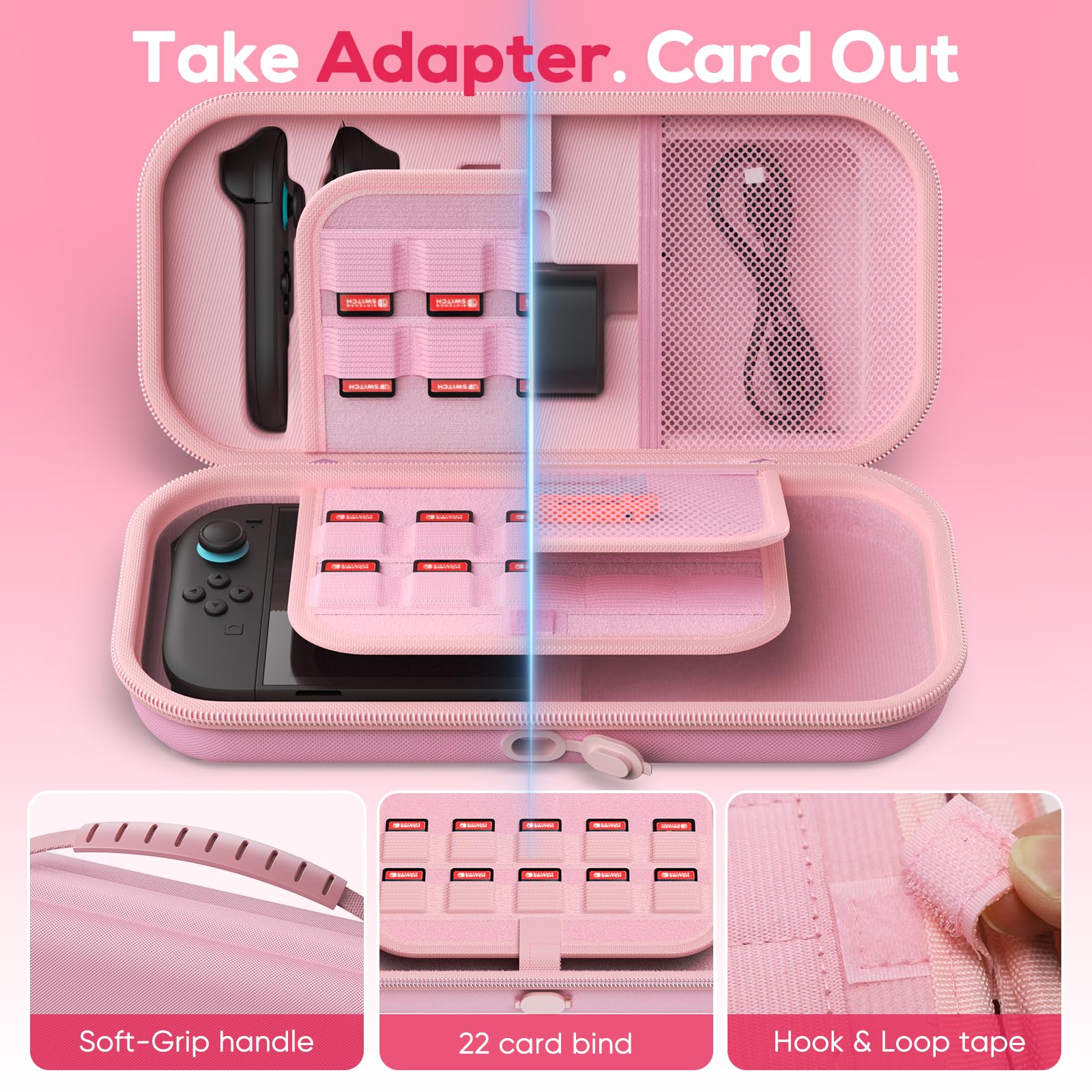 [Carga Interior] Funda para Nintendo Switch 2/OLED/Original, Gran Funda Rígida para Adaptador y Joypad Almacenamiento, Bolsa de Viaje Fundas para Switch Console con 22 Ranuras para Tarjetas de Juego