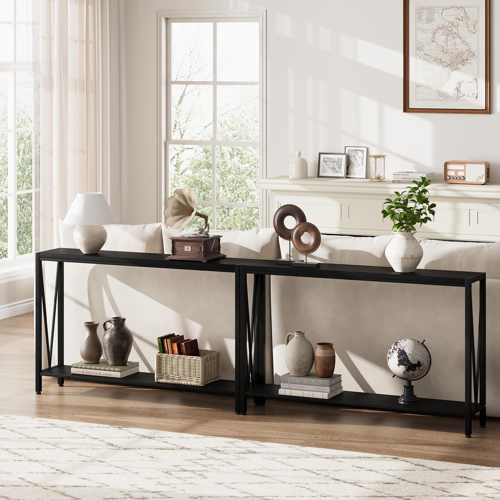 Garvee Tavolo Console Industriale, 110 cm a 2 Livelli con Ripiano, Stretto per Ingresso, Soggiorno, Ingresso - Nero