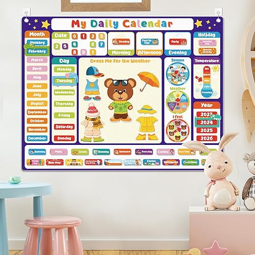 Miniatura 7 de My Daily Calendar - Tabla de fieltro para niños preescolares, centro de aprendizaje de tiempo en círculo, todo sobre actividades de hoy, vestido de