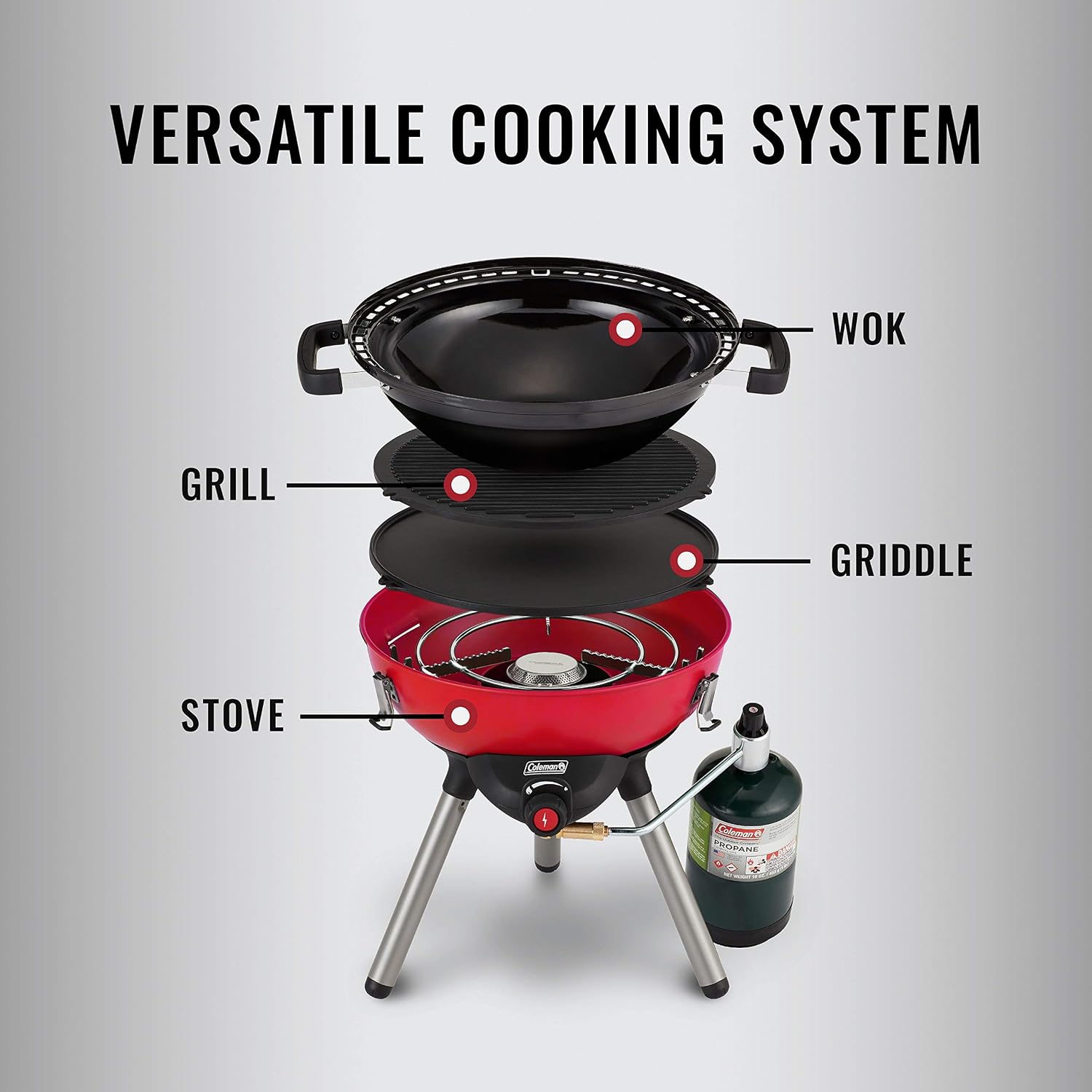 Coleman 4-in-1 Portable Propane Camping Stove, Includes Stove, Wok, Griddle & Grill; Camping Grill with Instastart Ignition, Grease Tray, Removable Legs, and 7000 BTUs of Power