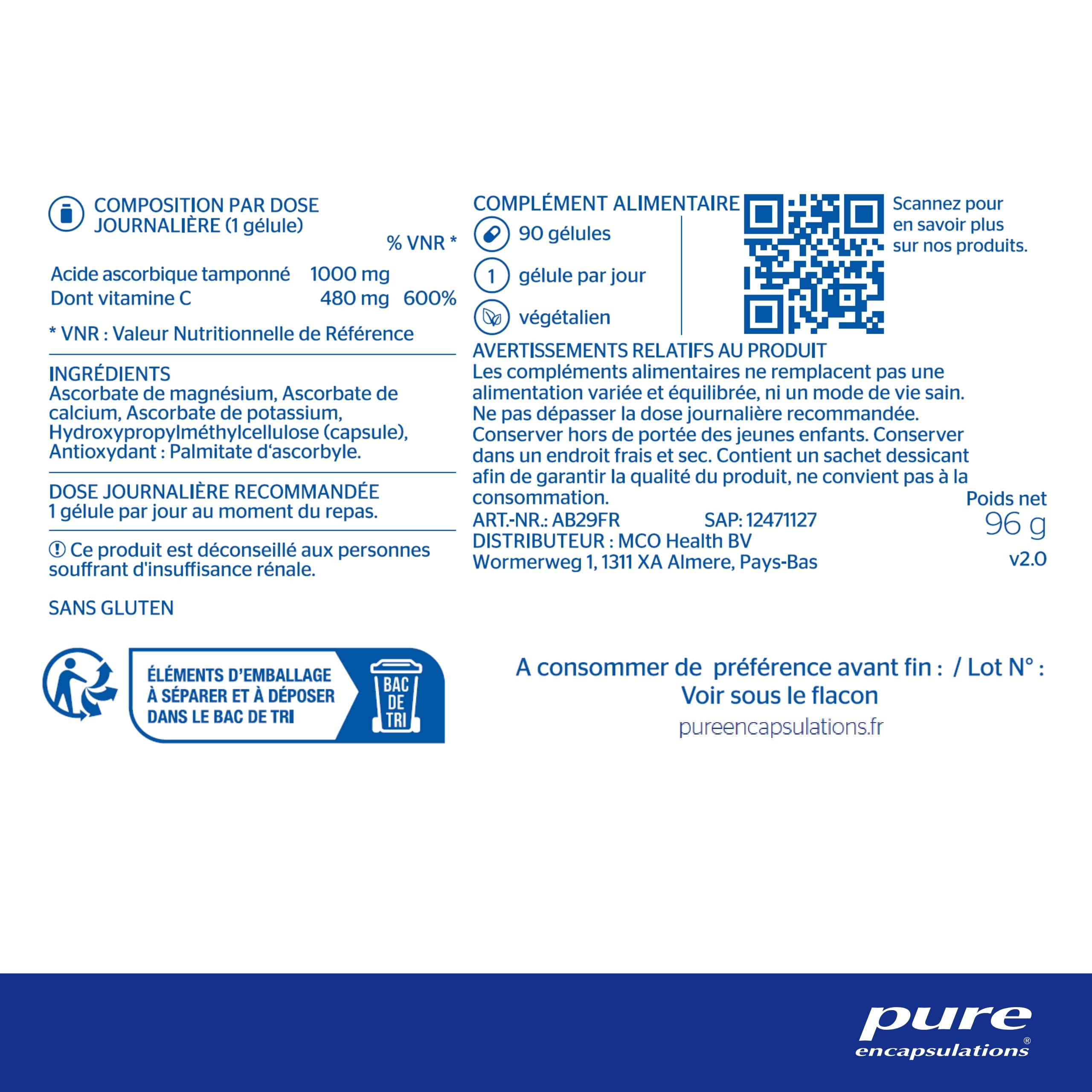 Pure Encapsulations - Vitamine C 1000 - Ascorbate de Magnésium, Ascorbate de Calcium & Ascorbate de Potassium - Aide au Fonctionnement Normal du Système Immunitaire - 90 Gélules