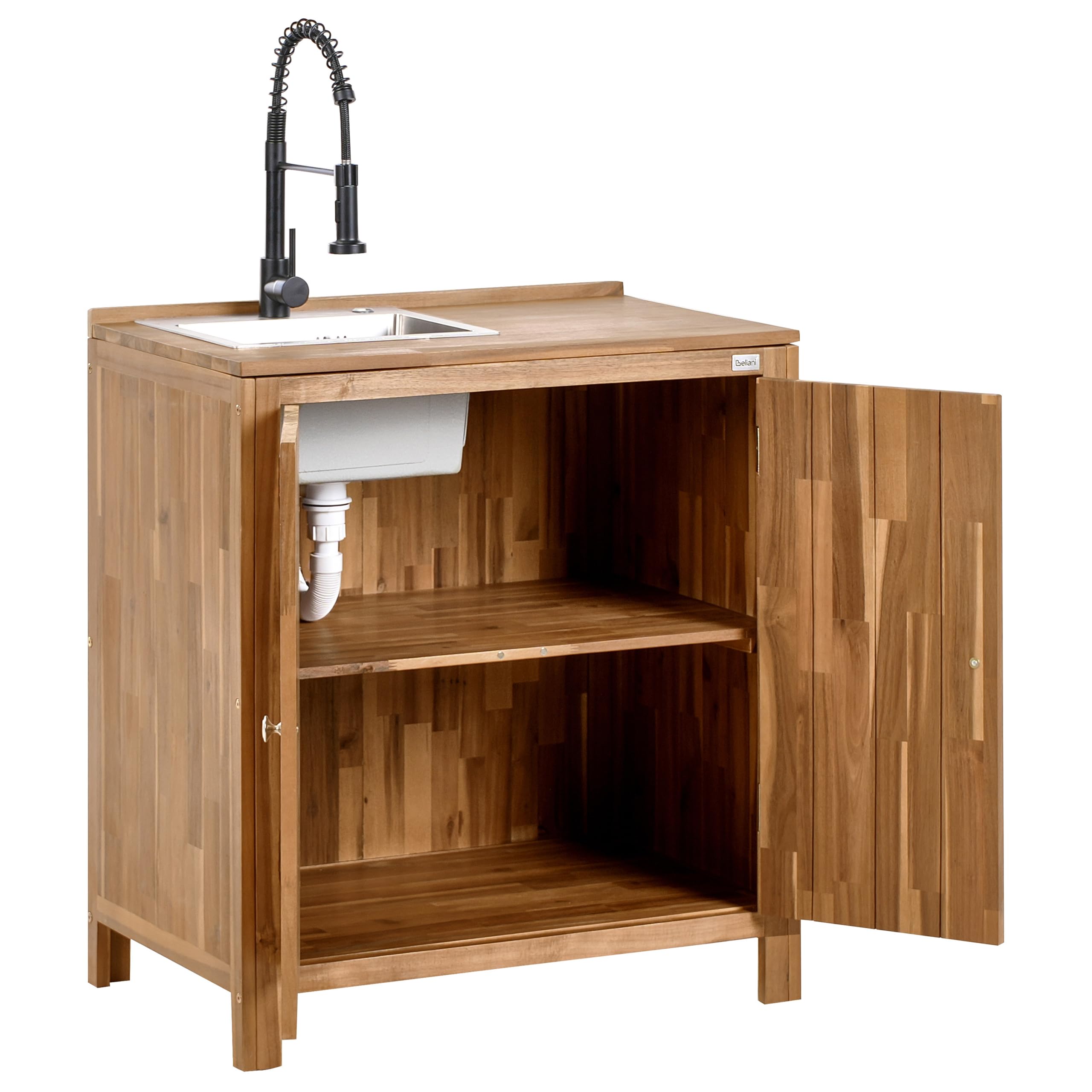 Beliani Outdoor-Küchenschrank Akazienholz braun/schwarz mit Türen Spüle Armatur Venosa