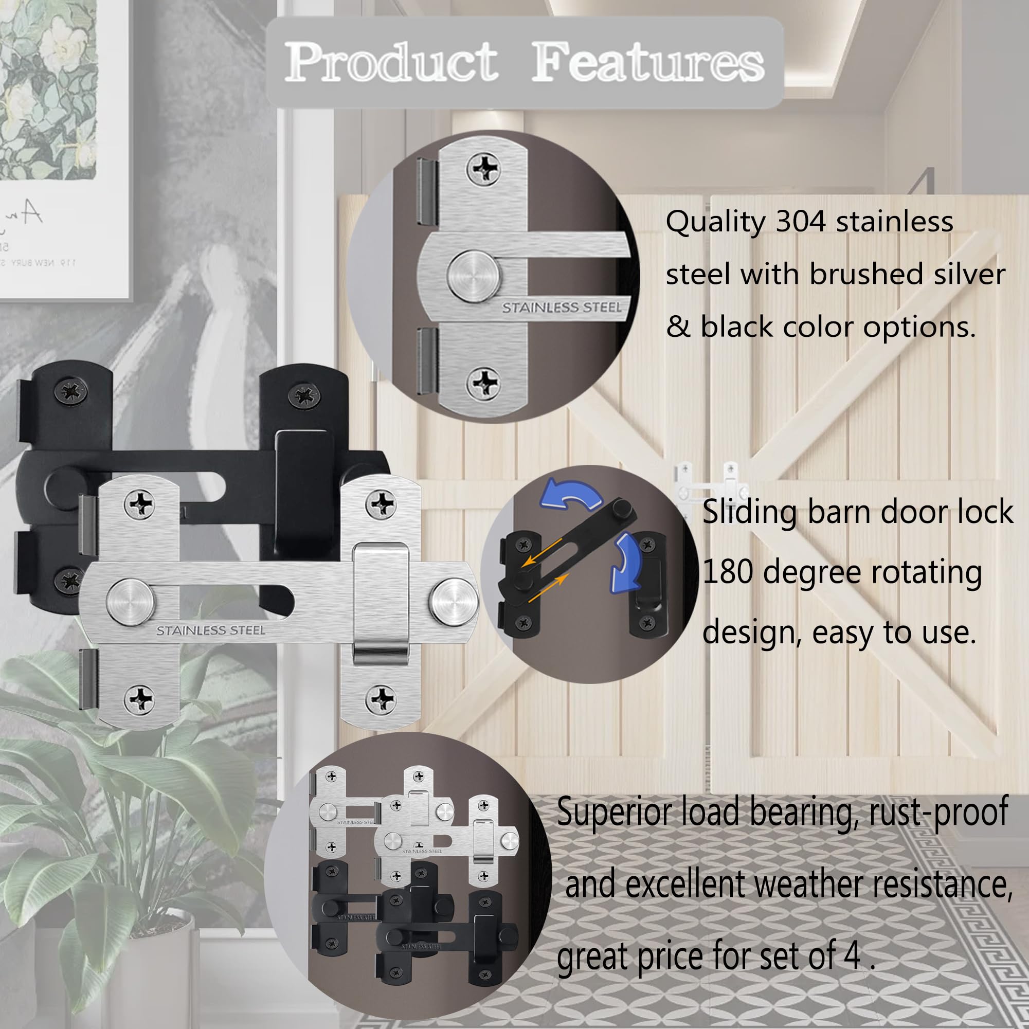 ZEECER Gate Latch, 4 Pack 4-Inch Thicker Stainless Steel Gate Latches, Sliding Door Latch lock Hardware - Image 2
