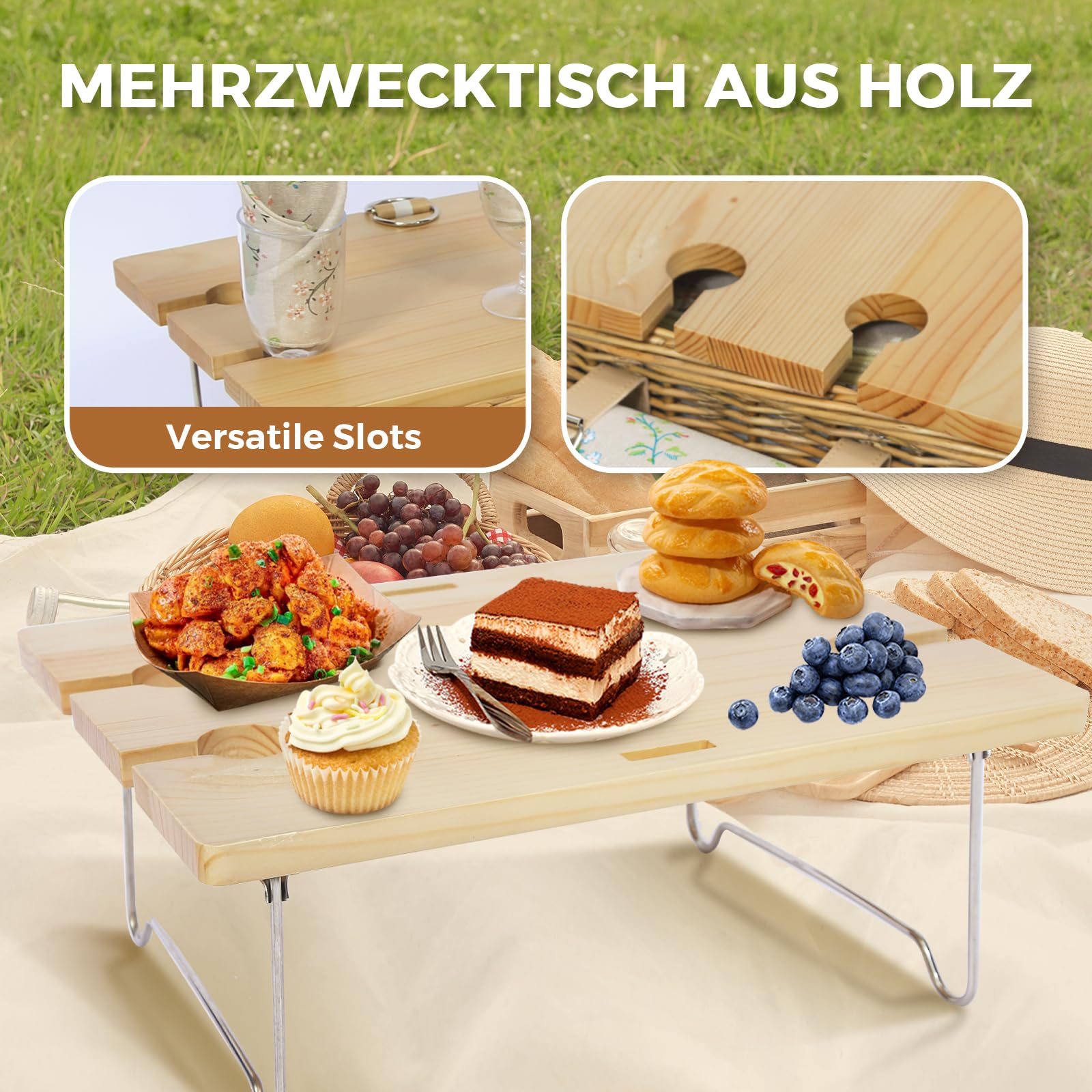 Picknickkorb-Set mit Klapptisch und Besteck-Set, Picknickkorb für 4 Personen mit kühltaschen, Flechtkorb mit Henkel, Weidenkorb Geschenkset für Picknick Camping Outdoor Party