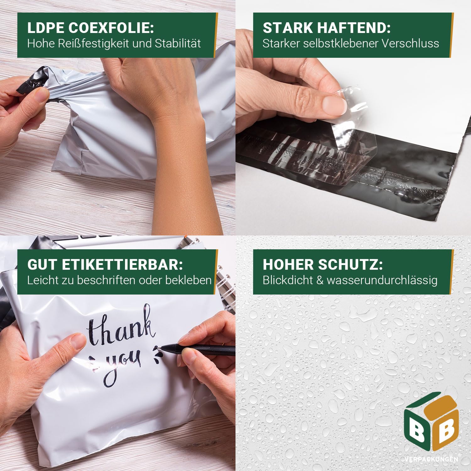 BB-Verpackungen 500x Folienversandtaschen Weiß 325 x 425 mm LDPE-Coexfolie (500 Stück) | reißfest, wasserundurchlässig und selbsklebender Sicherheitsverschluss