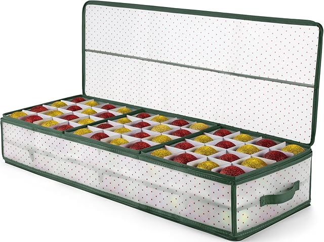 Premium Christmas Bauble Storage Box with 2 Sided Dual Zipper Closure - Keeps 96 Xmas Baubles, Christmas Decorations Accessories & Ornaments, Underbed Bauble Storage Container with 7.6cm Cubes