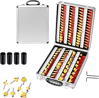 100Pcs Router Bits Set 1/4 inch Shank Tungsten Carbide Router Bit Set for Carpenter Woodworking,with 1/2" to 1/4" Router Conversion Clamps