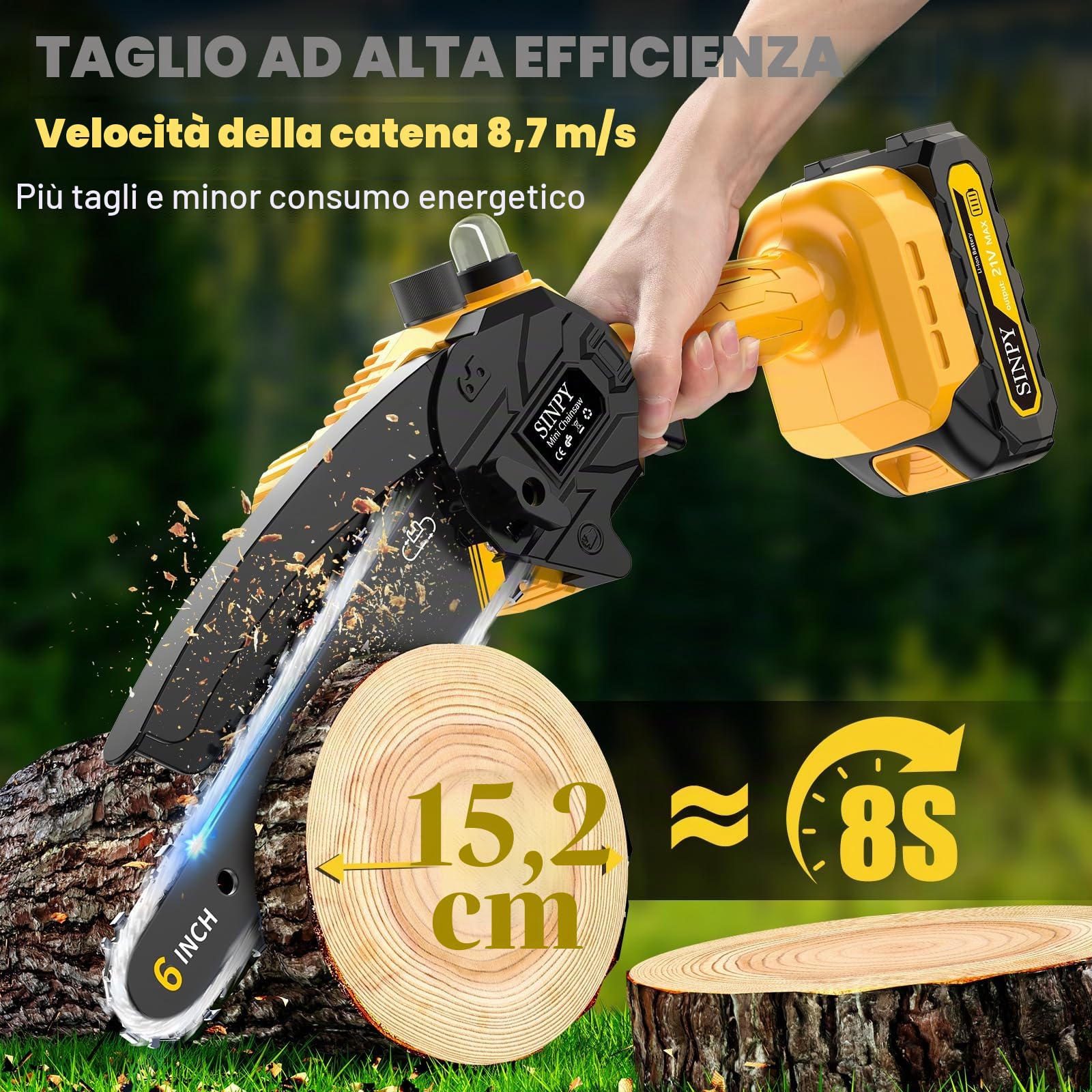 Mini motosega senza fili, motosega elettrica da 15,2 cm, con 2 batterie e 2 catene, piccola motosega con blocco di sicurezza per tagliare alberi, giardino, taglio del legno, regalo per uomini