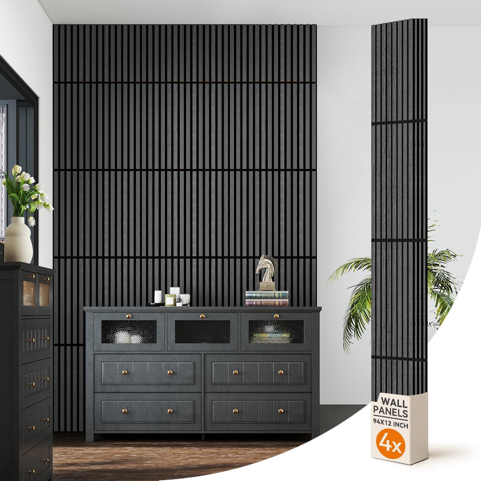 Upick Faltbare Akustikwandpaneele, 4 Stück, 240 x 32 cm, MDF-Lamellenholzplatten für Wand, schallabsorbierende Wandpaneele für Innenwanddekoration, Mattschwarz