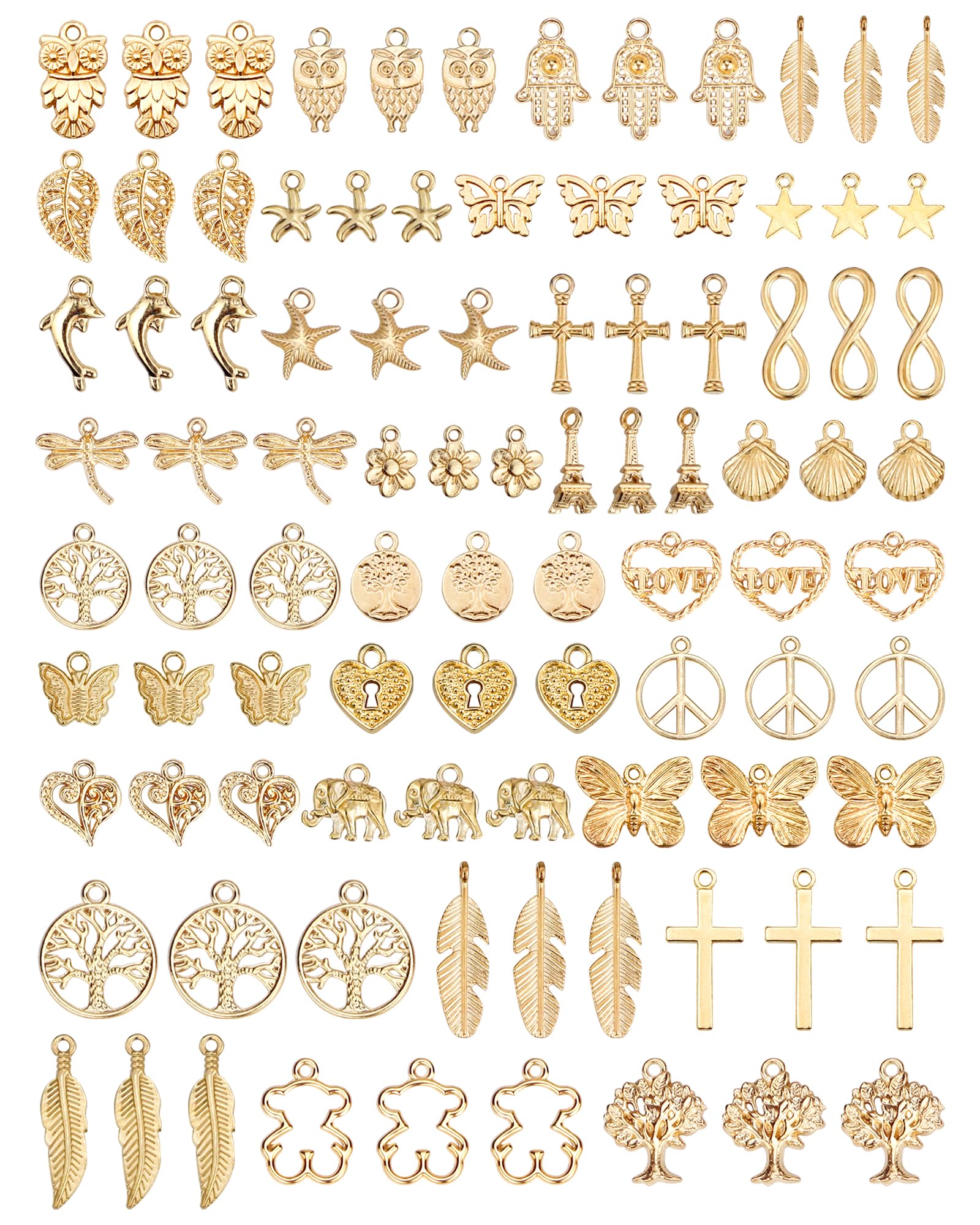 YETOOME 90 Pcs KC Gold Charm Bulk Lots Assorted Pendants for Necklace Bracelet Jewelry Making and Crafting Supplies (30 Styles)