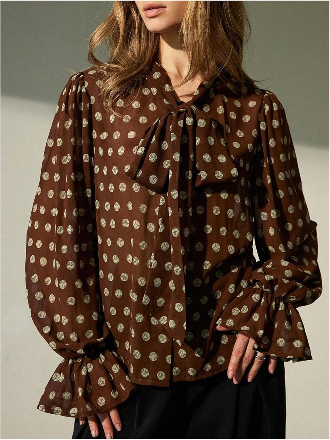 SweatyRocks Women's Bow Tie Neck Ruffle Long Sleeve Blouses Polka Dots Print Loose Shirt Top - Image 4