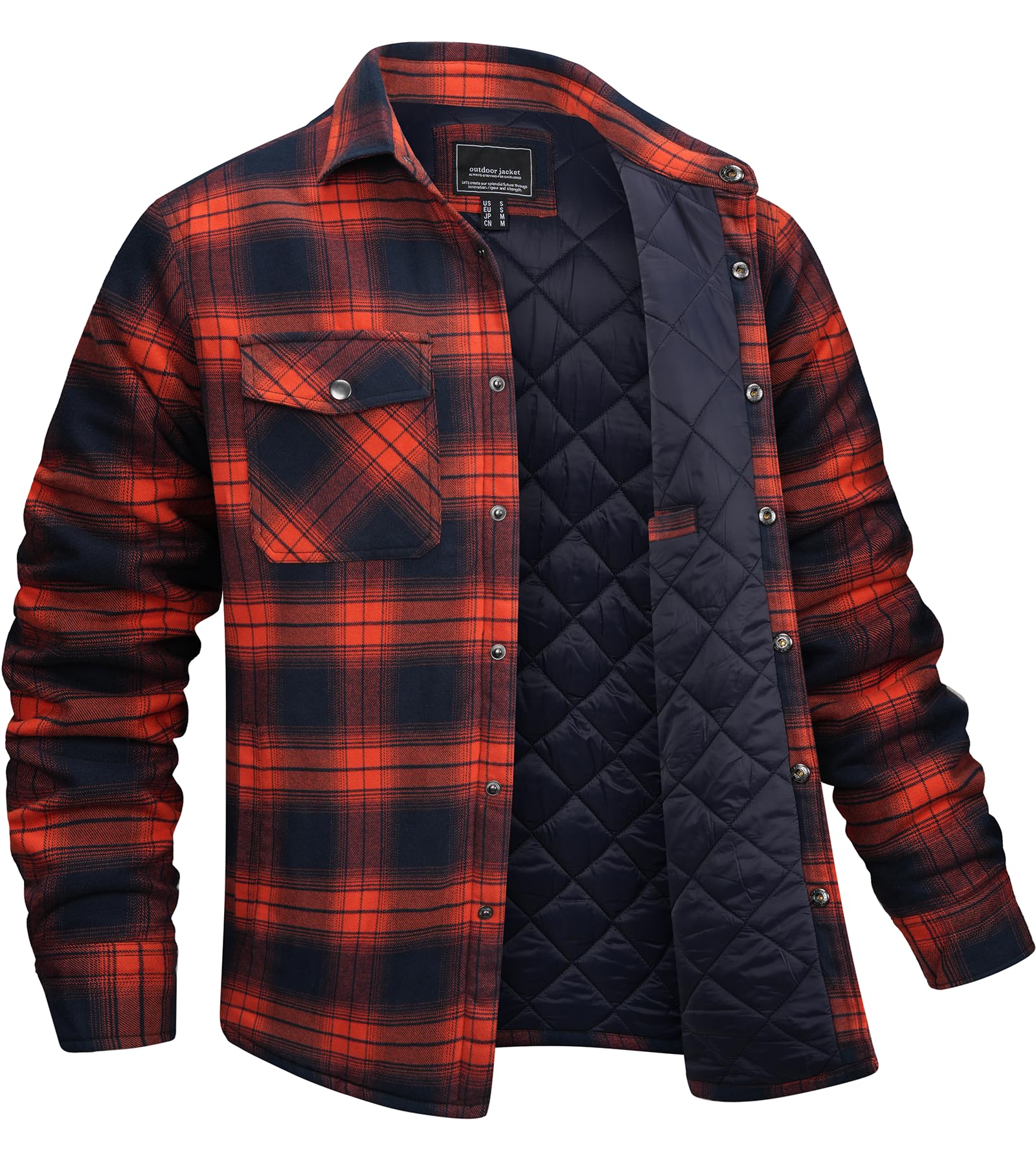 Men's Flannel Shirt Jacket Quilted Lined Plaid Coats Warm Winter Jacket Thick Button Down Coat with 5 Pockets
