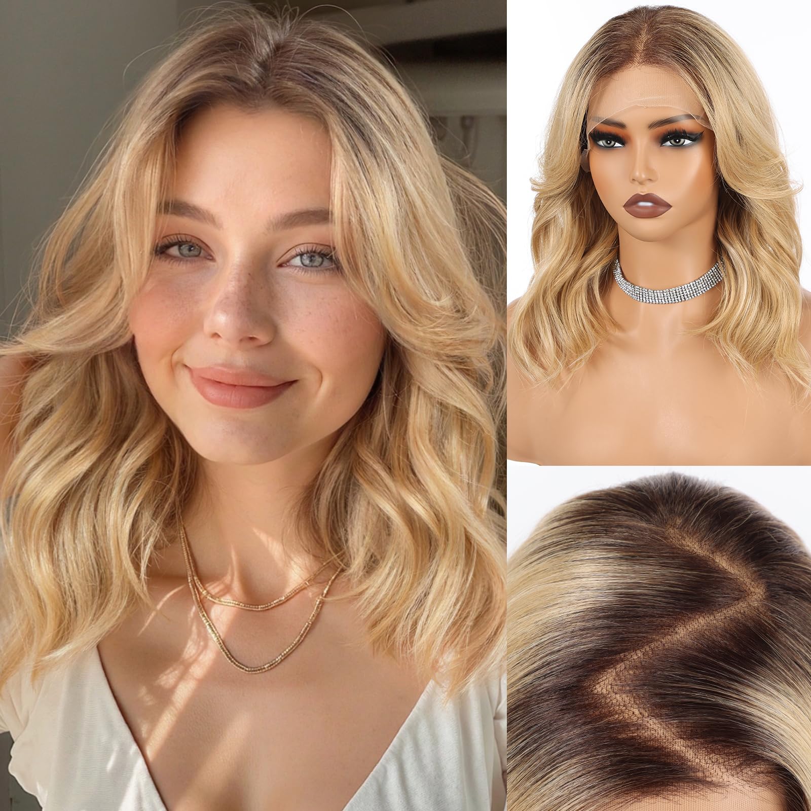 HAIRCUBE 13x6 HD Lace Front Wig for Women, 16-Inch Heat Resistant Synthetic Wavy Hair, Shoulder Length Glueless Lace Wigs for Daily, Party&Date (Ombre Golden Bl