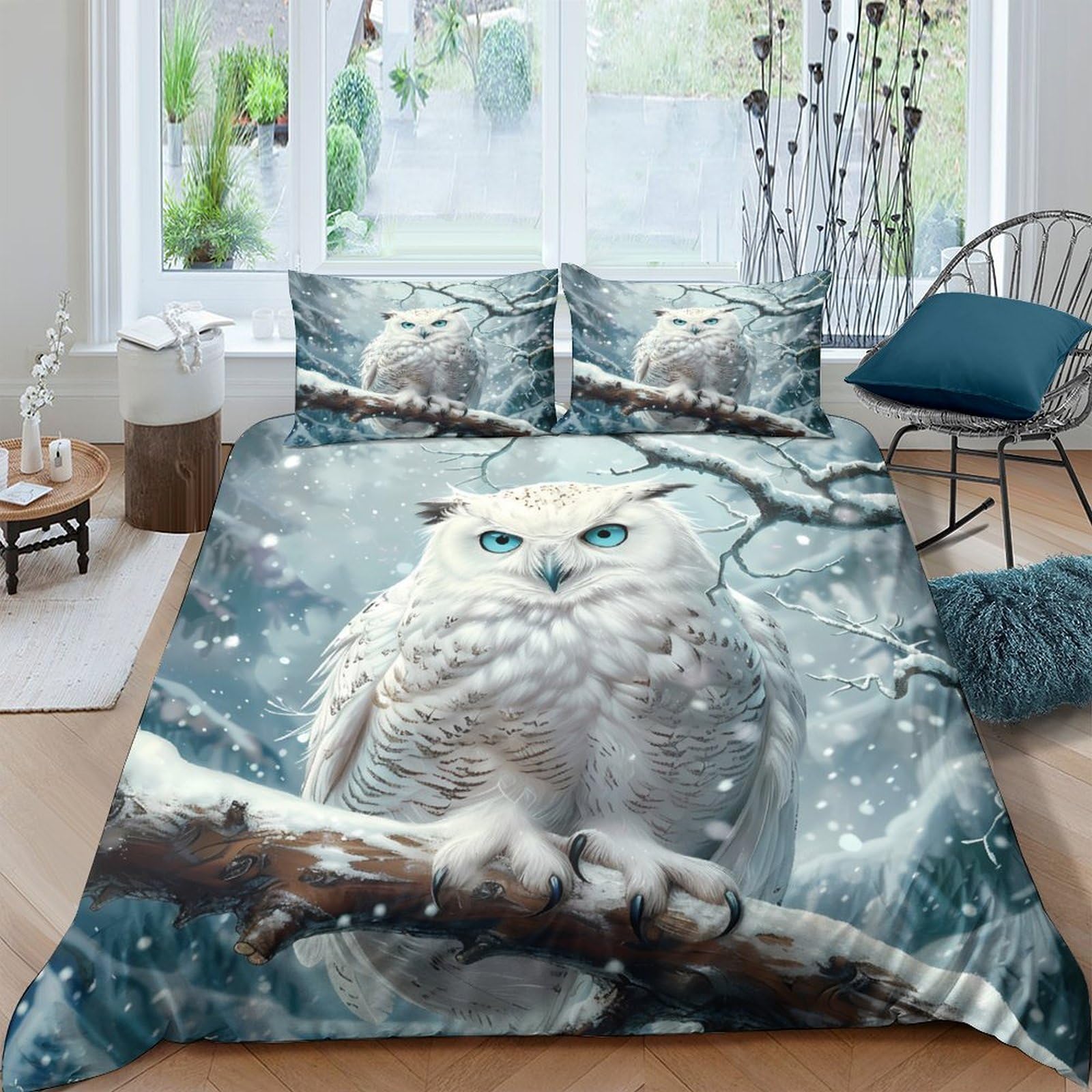 Ctjqhvkz Style-5 3D Printed Snowy Owl Fitted Sheet Microfiber Soft Blue Forest Mattress Cover For Bedroom Guest Room Decor Single（135X200cm）