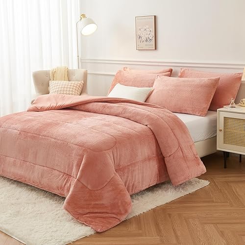 Miniatura 6 de YIYEA Juego de edredón de piel sintética tamaño King, edredón de felpa ultrasuave y esponjoso, juego de edredón coral tamaño King, juegos de ropa de