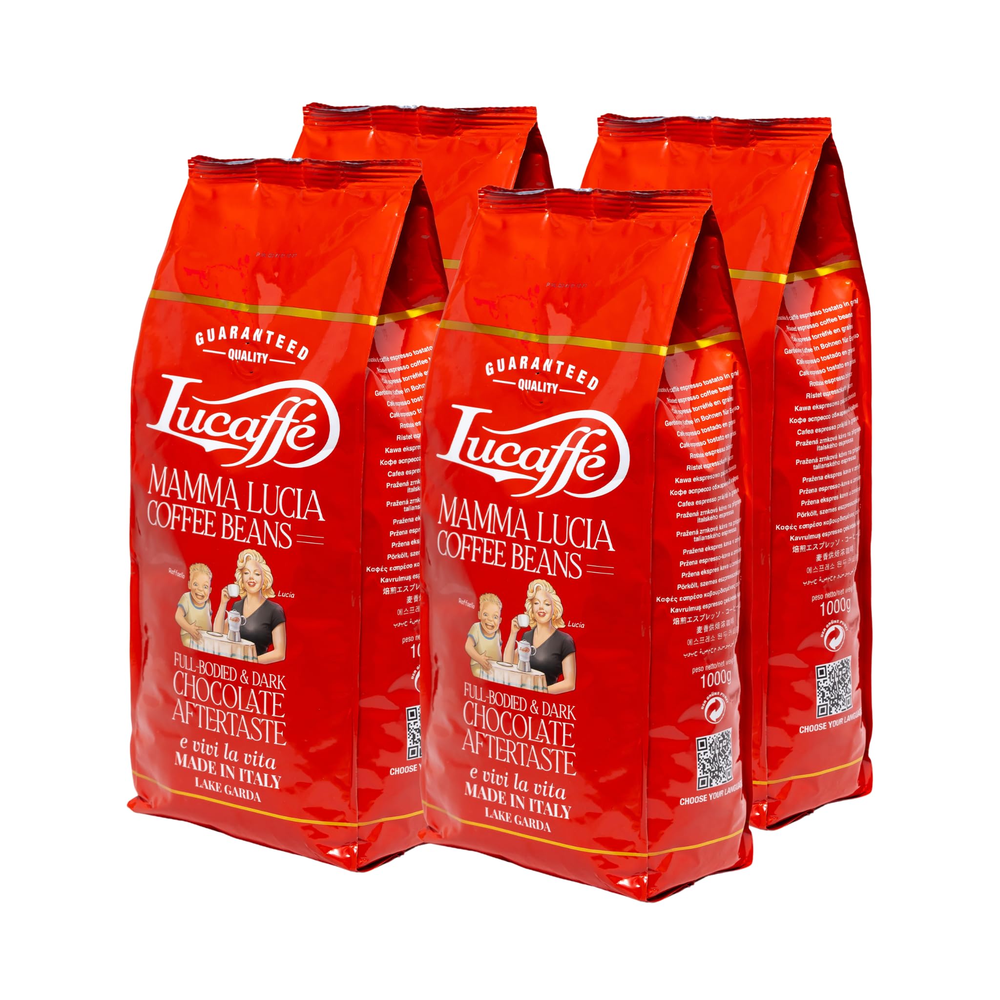 Lucaffé - Cafe en grano natural Mamma Lucia, 4 bolsas de 1 Kg | Café en grano de especialidad italiana para espresso | Tueste Ligero | Sabor Intenso y Cremoso