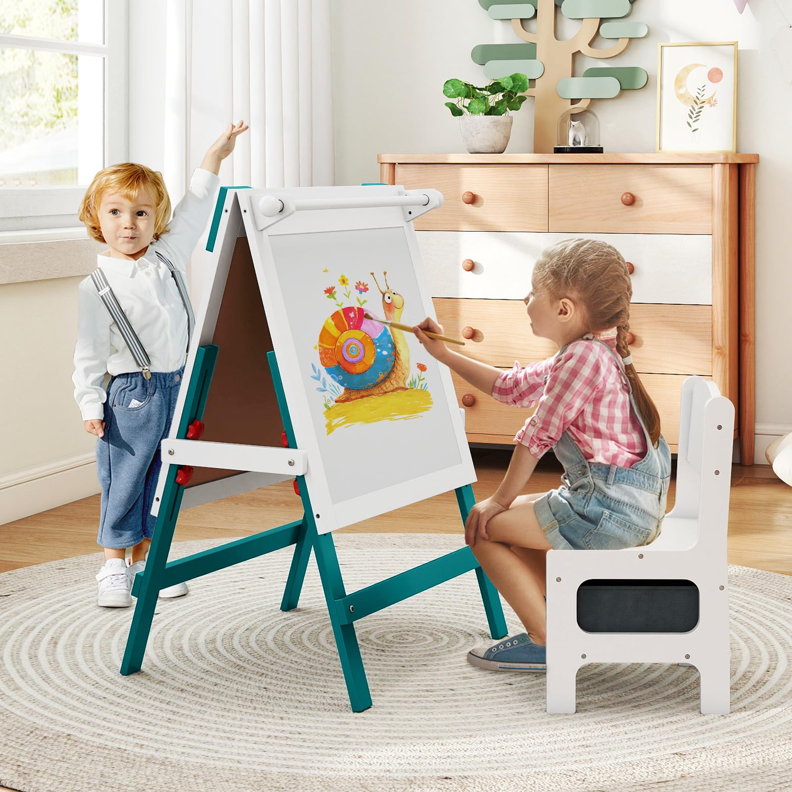 RELAX4LIFE 3 in 1 Lavagna Bambini in Legno, Cavalletto Artistico Bifacciale con Porta Rotoli, Altezza Regolabile e Barre Magnetiche. Include Sedia e Cestino per 3+ Anni (Bianco+Verde)