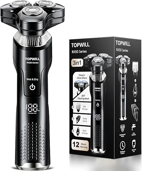 Waterproof Electric Razor for Men, Wet/Dry Cordless 3-Blade Rotary Shaver with Floating Heads, Smooth Close Shave, Gentle on Skin, USB-C Rechargeable, Smart LED Display, Travel Pouch, Men’s Gift, RX50