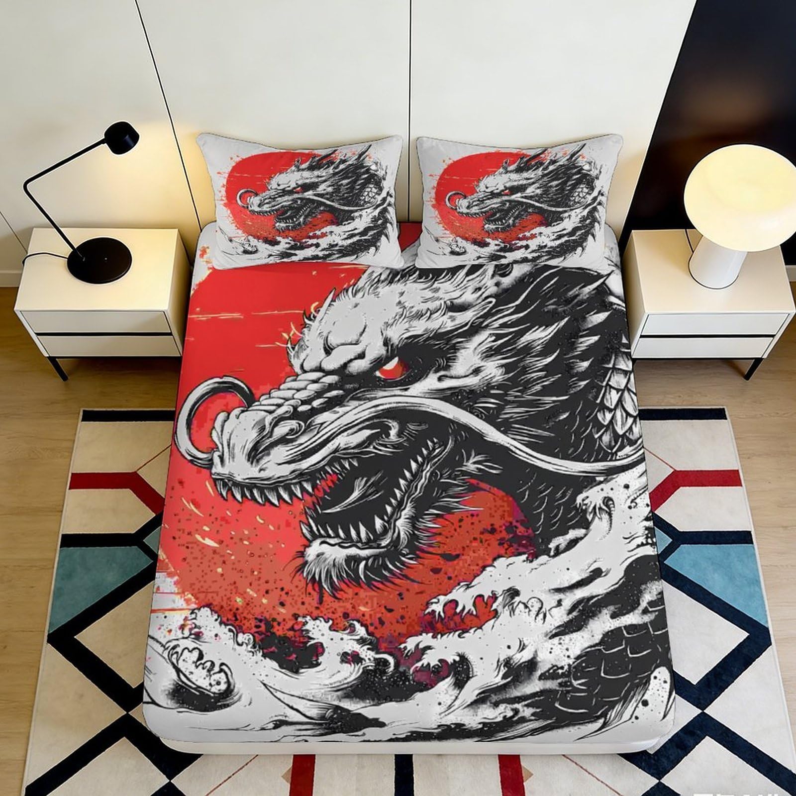 3D Printed Black Dragon Fitted Sheet Microfiber Red Eastern Waves Mattress Cover for Bedroom Dorm Decor Protection 90x200x25cm