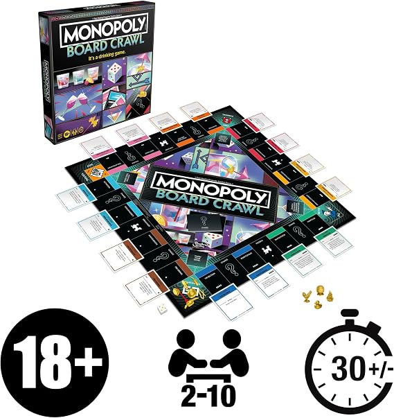 Monopoly Board Crawl Party Game, Official Monopoly Drinking Game for Adults Ages 18+ English Version