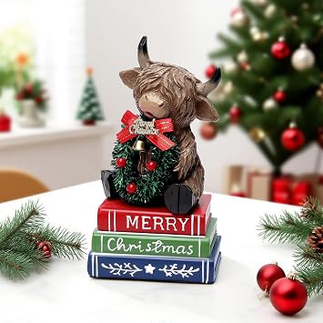 Smadeer Christmas Highland Cow Decorations Indoor, Home Christmas Highland Cow Decor Statues for Shelf Table Room, Winter Holiday Highlandcow Figurine Decoration, Xmas New Year Gifts for Woman