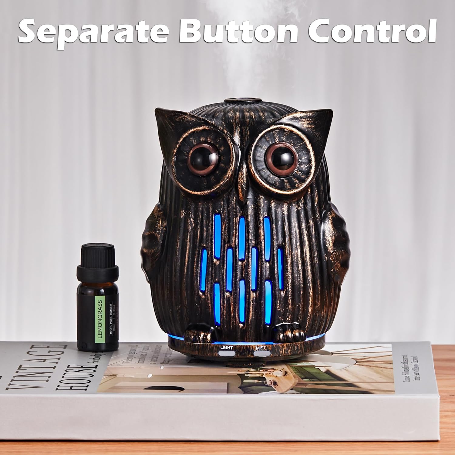 ALIEYE Owl Essential Oils Diffuser, Upgraded Design Ceramic Hand-Painted, 200ML Quiet Cool Mist Humidifier with Waterless Shut-Off, 7 Colors LED Lights & 2 Mist Modes for Bedroom Home Office, Brown