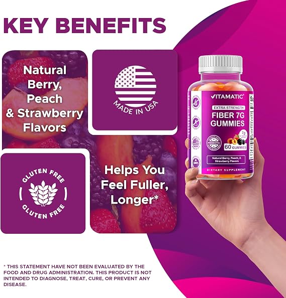 Vitamatic Prebiotic Fiber Gummies for Adults 2 Pack (Total 120 Gummies) 7g Fiber per Serving | Extra Strength | Zero Sugar Added | Pectin-Based | Digestive Health & Regularity Support