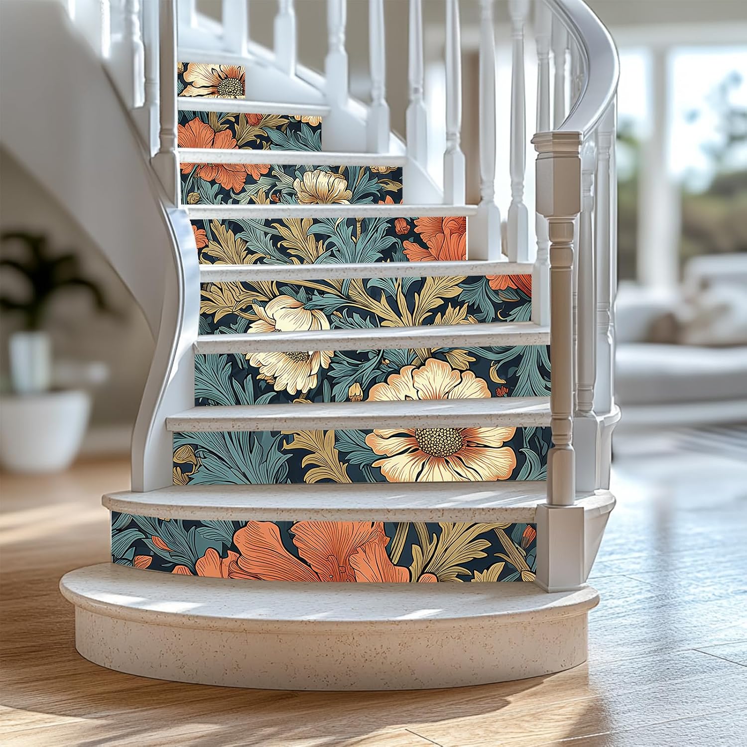 PLIGREAT 15 Strips Vintage Florals Pattern Stair Decals Peel and Stick Stair Riser Stickers Retro Style Murals Decor for Steps 7.1"x39" Self-Adhesive Stair Riser Decals for Home Hotel Decor
