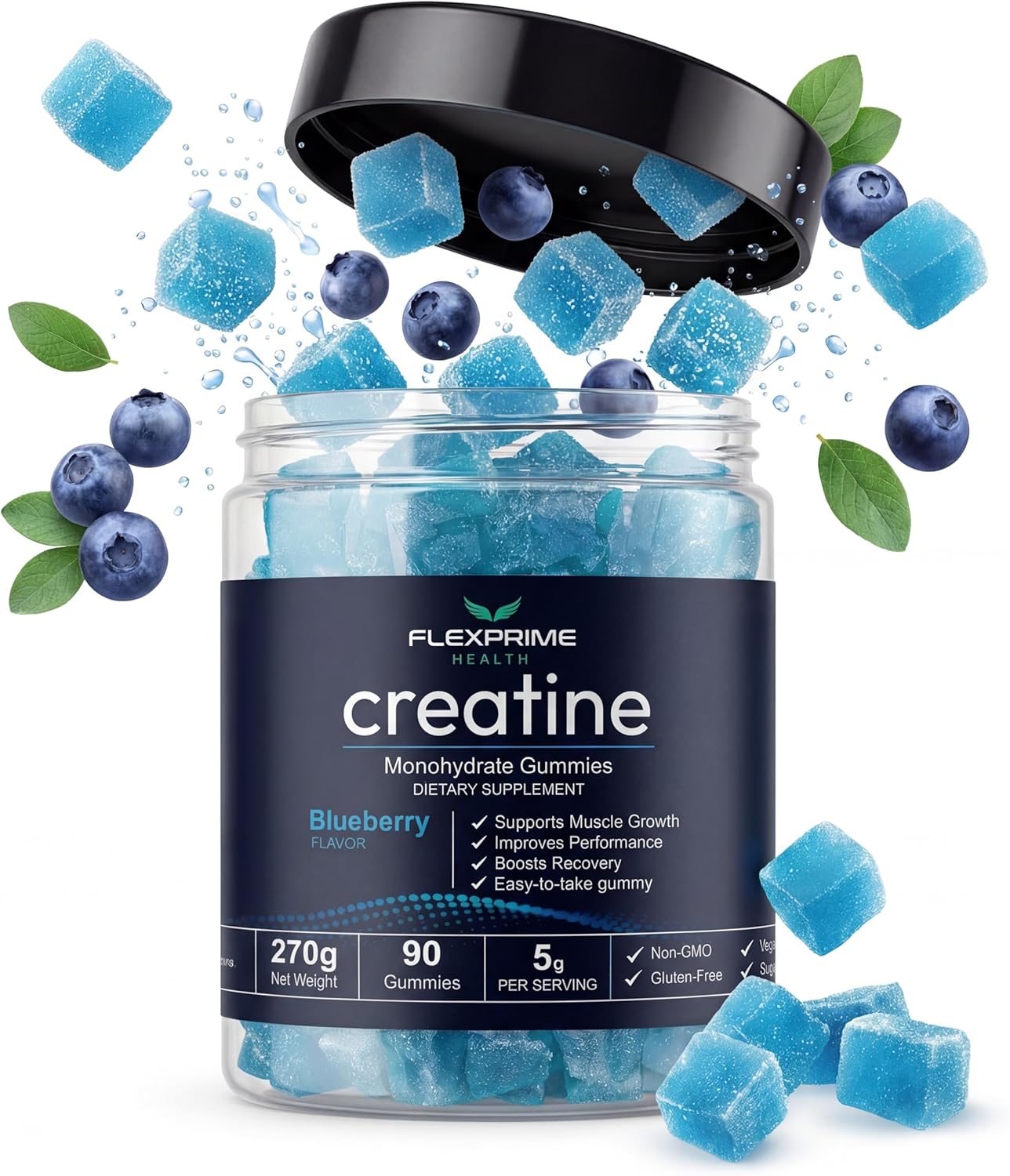 Creatine Monohydrate Gummies Sugar Free - 5g Creatine + Alpha GPC, L-Taurine, Betaine | Vegan Halal Blueberry Chews for Muscle Growth, Brain Health | Men & Women, 90 Count