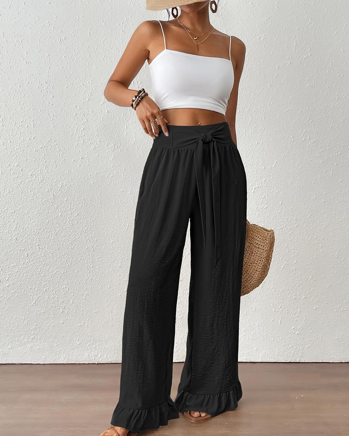 Bsubseach Wide Leg Palazzo Pants for Women High Waist Casual Lounge Trousers Beach Flowy Summer Outfits - Image 3