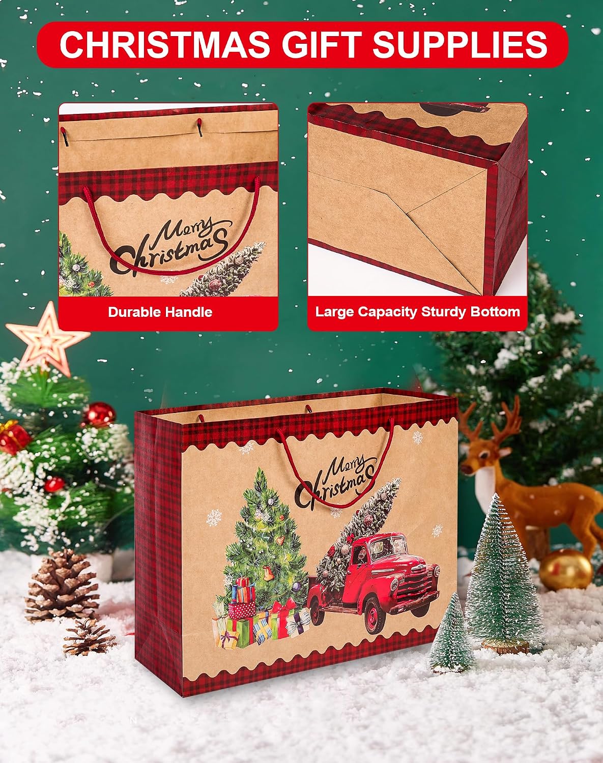 12 Extra large Christmas Gift Paper Bags Bulk with handles -4 Designs Jumbo oversized sacks set for Wrapping Gaint Xmas Holiday Presents