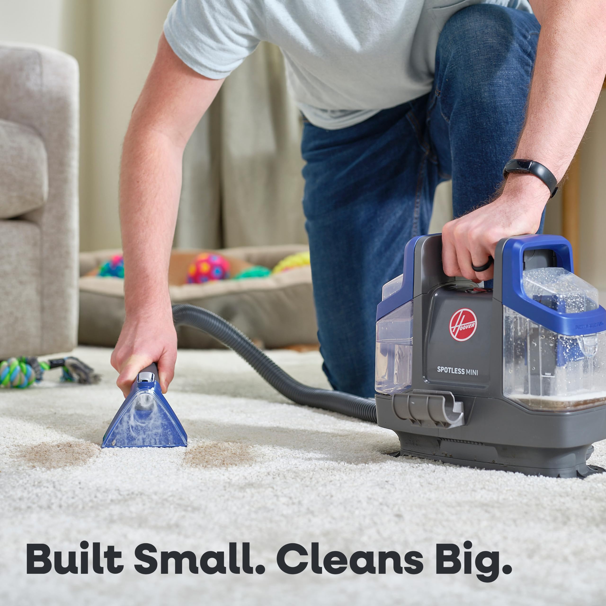 Hoover Spotless Mini Pet FH12351, limpiador de alfombras y tapicería para escaleras, muebles, desorden de mascotas y coches, diseño compacto, tanque de fácil llenado, manguera autolimpiante, ligero