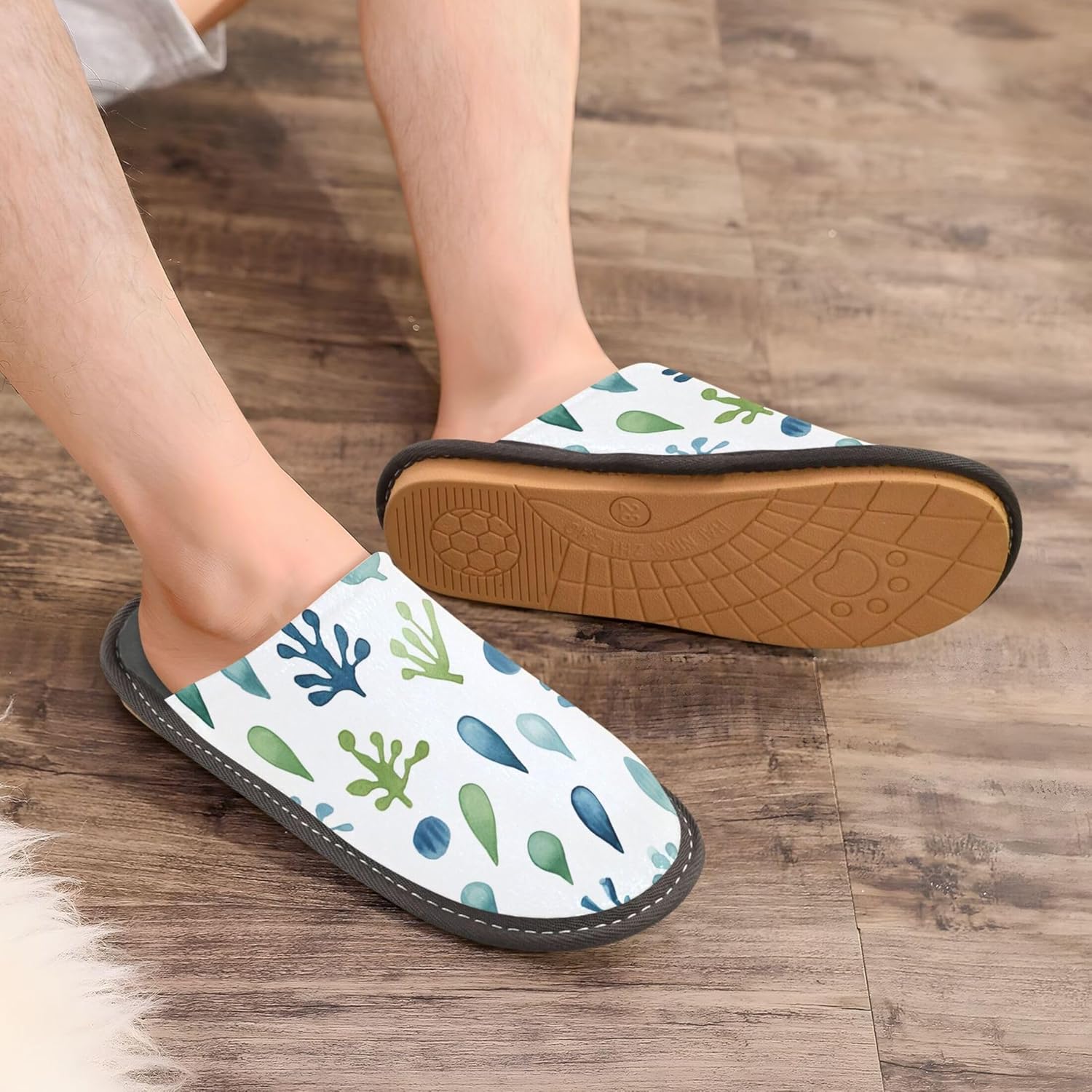 Green Leaf House Slippers – Cozy Fuzzy Slippers for Guests, Washable & Disposable, Perfect for Shoeless Home, Spa & Hotel Use A110491