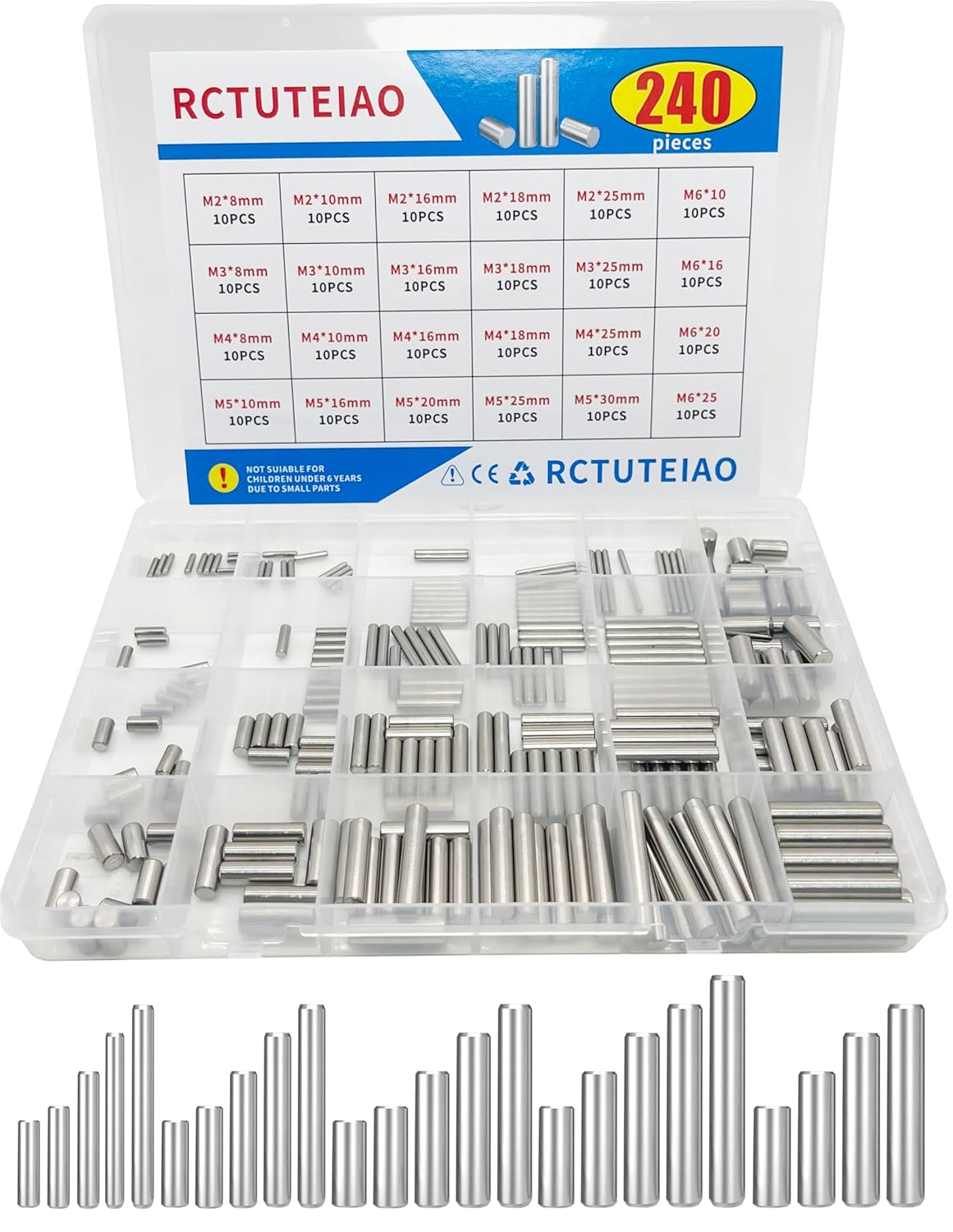 240Piece Dowel Pin Cylindrical Shelf Support Peg 304 Stainless Steel Rod Fasten Elements Assortment Kit, 24 Sizes M2 M3 M4 M5 M6 (240Piece Dowel pin 24 Sizes)