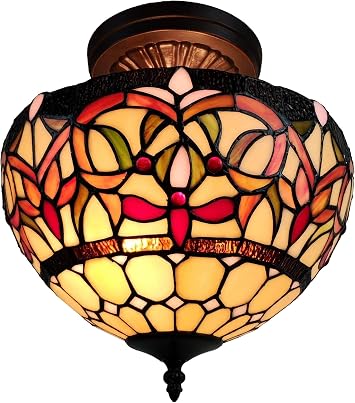 Amora Tiffany Style Hanging Pendant Lamp Semi Flush Ceiling Fixture Shade 12" Wide Stained Glass Red Green Orange Antique Vintage 2 Light Living Dining Room Kitchen Gift AM1081HL12B Lighting