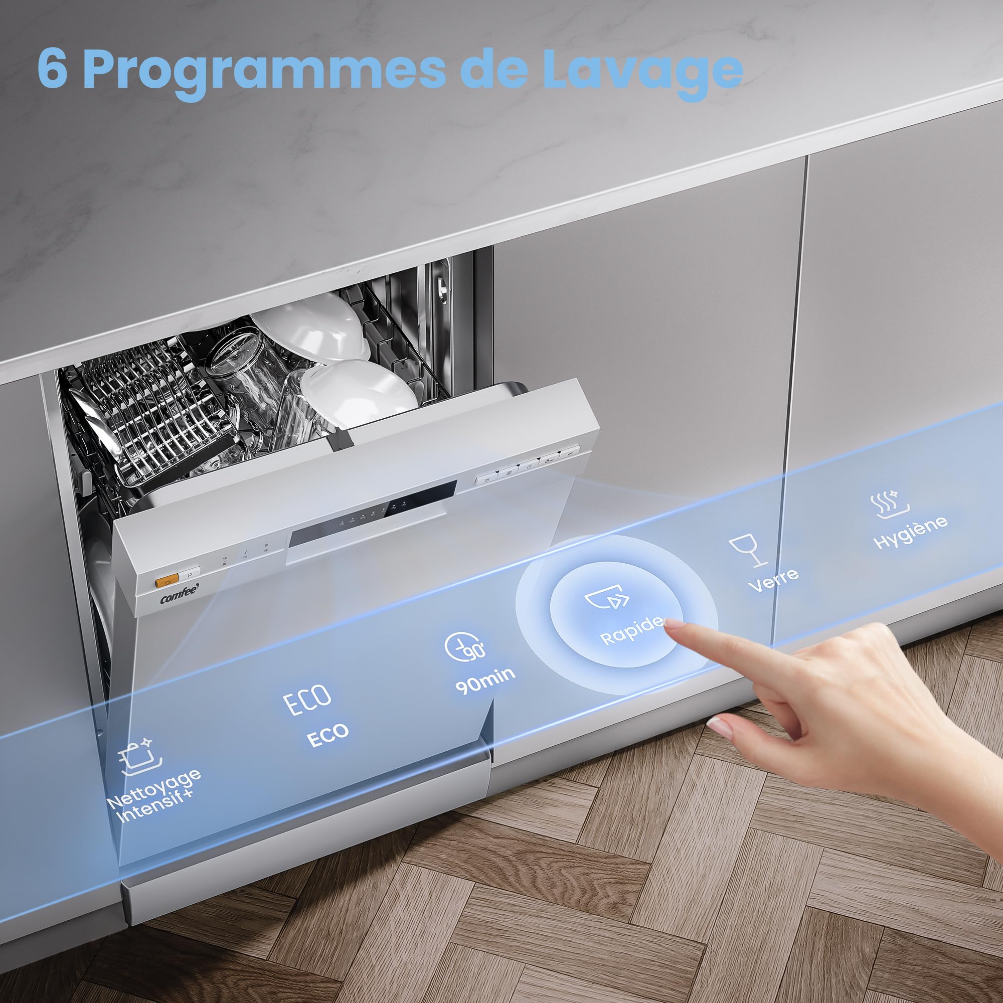 COMFEE' CDWEF1034BW Lave-vaisselle indépendant 10 couverts démarrage différé fonction demi-charge paniers flexibles Blanc