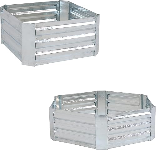 Sunnydaze Maceta cuadrada de acero galvanizado corrugado plateado de 24 x 11.75 pulgadas y camas de jardín hexagonales elevadas de 40.5 x 11.75
