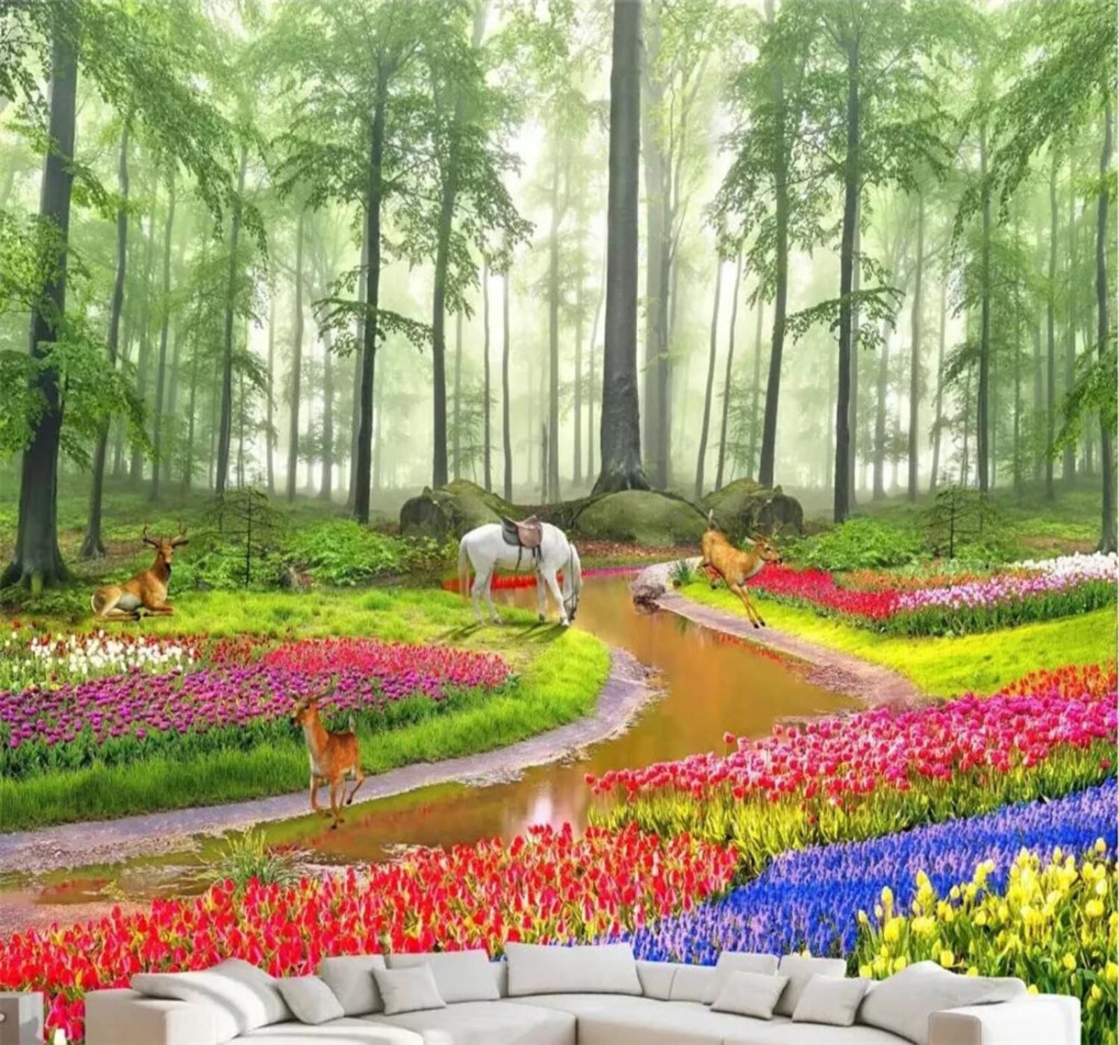 XLMING Beautiful Forest Sea of Flowers Animals Scenery 3D Wallpaper Luxury Silk Study Dining Feature Sofa Grey Bedroom Living Room Tv Decorative Wall-200cm×140cm