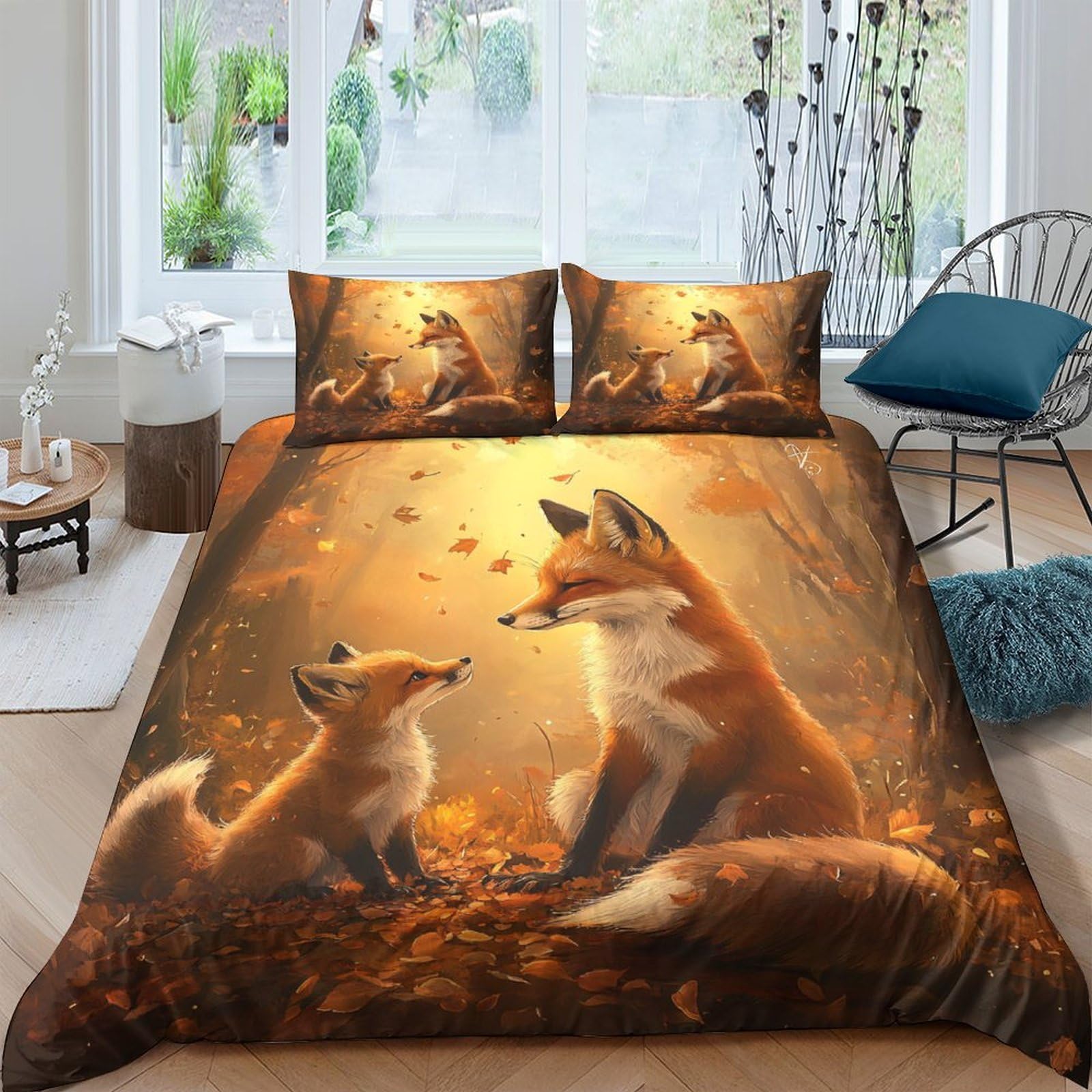Ctjqhvkz Style-1 3D Printed Fox Family Fitted Sheet Microfiber Soft Autumn Woodland Mattress Cover For Bedroom Decor All Ages Single（135X200cm）