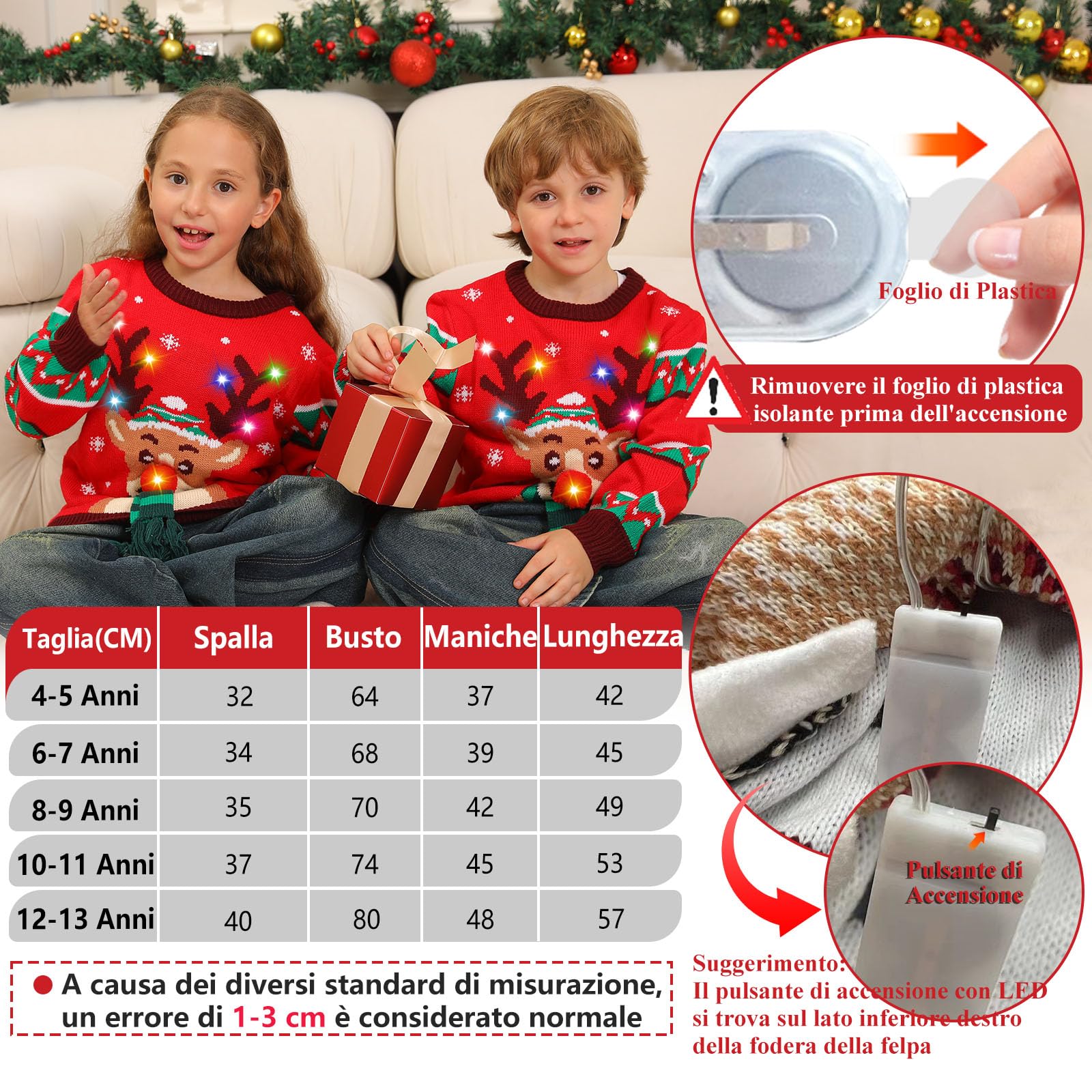 Maglione Natalizio Bambino con Luci, Maglioni Natalizi Bambini Divertenti, Girocollo Maglioncino Natalizio Famiglia Led Ugly Christmas Sweater,Brutti Maglioni di Natale per Bimbo/Bimba/Ragazza/Ragazzo