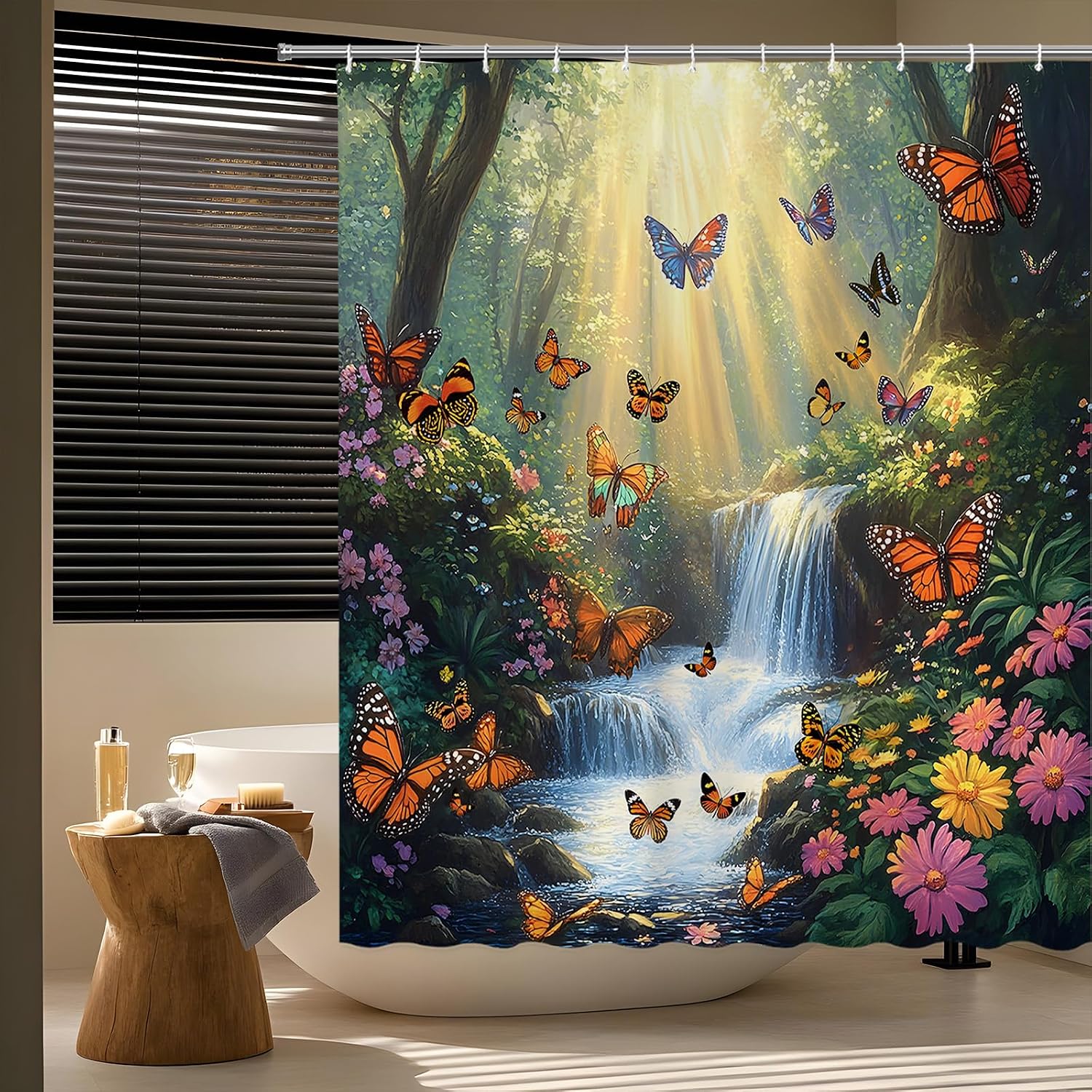 Forest Waterfall Butterfly Shower Curtain, Fantasy Garden, 70" W x 70" L