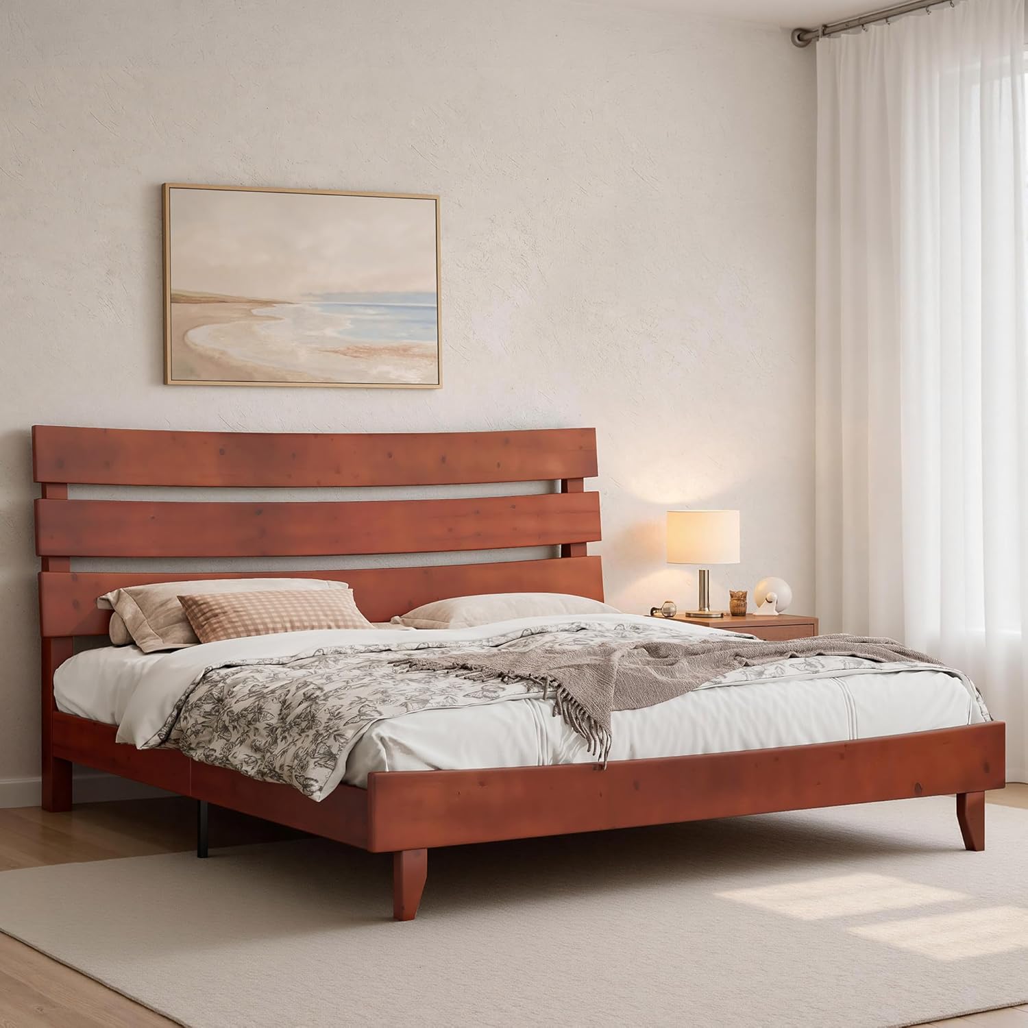 Solid Wood Bed Frame with Headboard, 14inch King Size Bed Frame with Wood Slat Support, Mid-Century Platform Bed, No Box Spring Needed, Easy to Assemble, Walnut