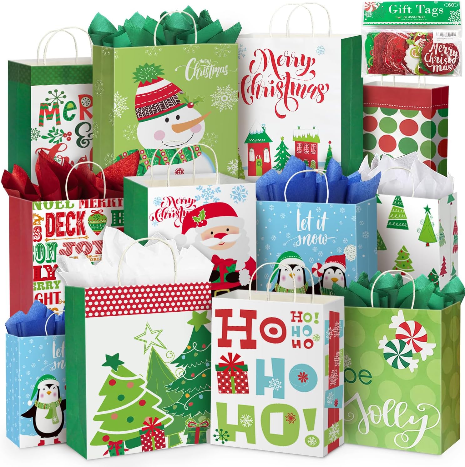 Party Funny 24 Kraft Christmas Gift Paper Bags Bulk with handles and 60 Count Christmas Gift Tags-Assorted sizes set for Wrapping Xmas Holiday Presents(6 Jumbo,6 Large,6 Medium,6 Small)