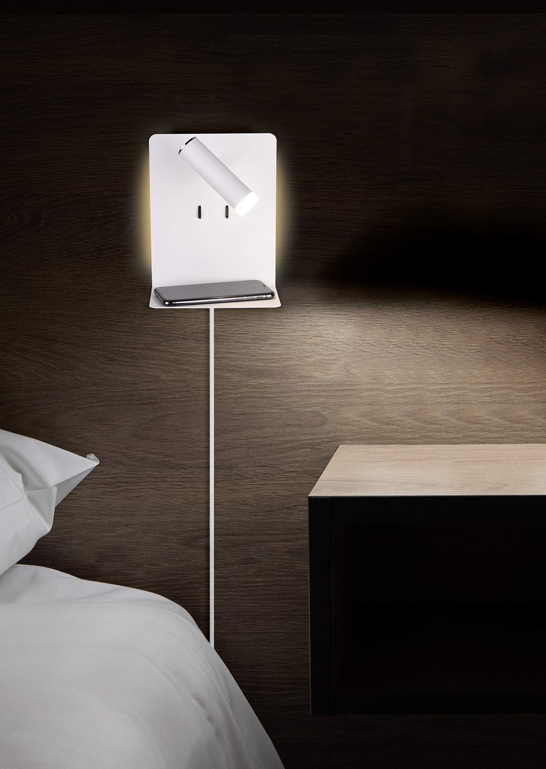 LED Wandleuchte Nachttischlampe Kian mit Lese Spot und Ablage für Handy (inkl. USB Anschluss zum Aufladen) in weiß metall, 16 x 20 x 14 cm