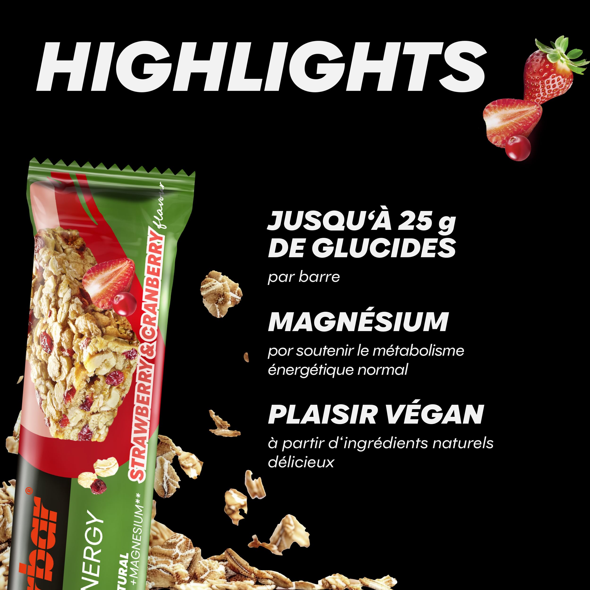 Powerbar - Natural Energy Cereal - Strawberry Cranberry - 18x40g - Barre énergétique végétalienne riche en glucides - Magnésium