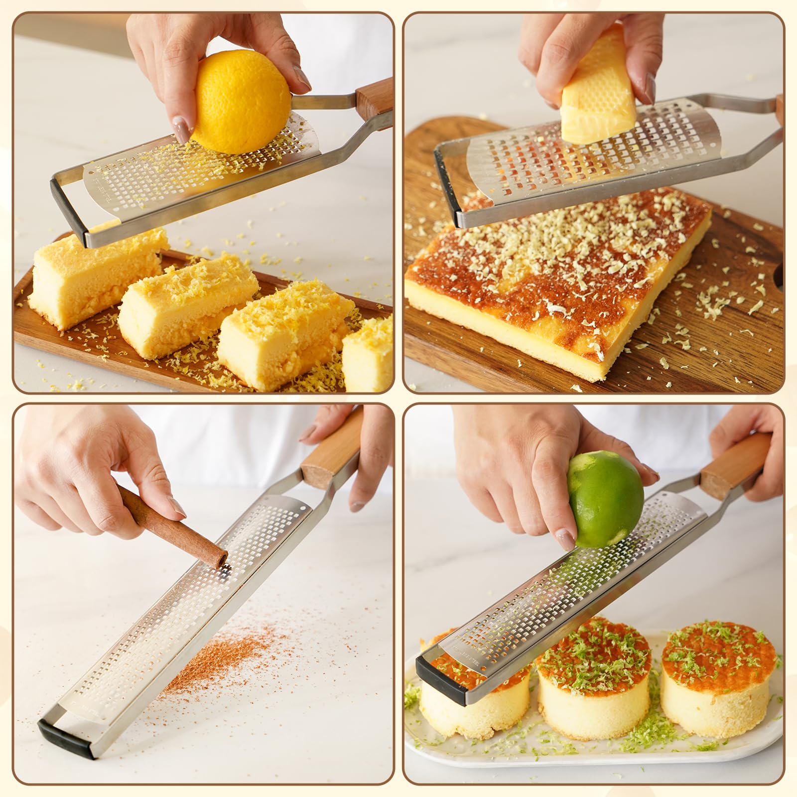 SHIKORI Ralladores de queso profesionales de acero inoxidable para cocina, rallador de limón de metal con mango de madera para queso, chocolate, especias, utensilios de cocina y herramientas, agujero