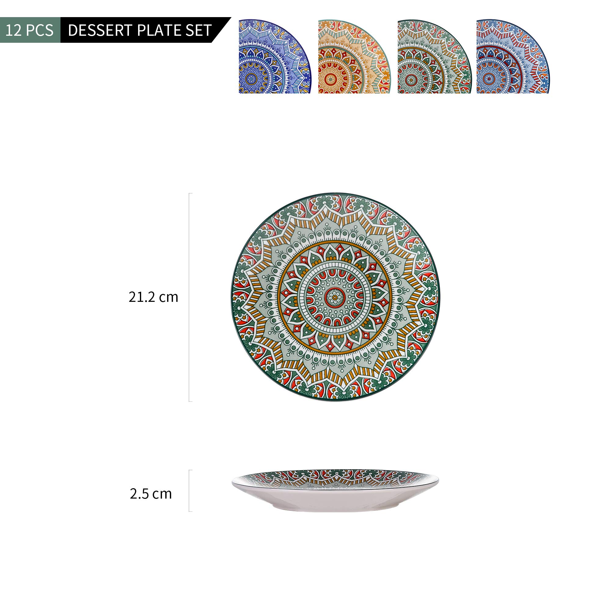 Tafelservice Kuchenteller, vancasso Dessertteller Porzellan, 12 teiliges Kuchenteller Set, MANDALA Serie Ø 21,2 cm Flachteller für Frühstück, böhmischer Stil