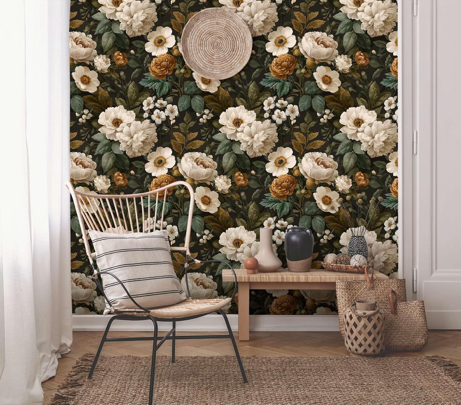 Classic European Floral Peel and Stick Wallpaper, Dark Vintage Botanical Wallpaper for Home Decor | Self-Adhesive, Waterproof Vinyl, 17.7" x 236"