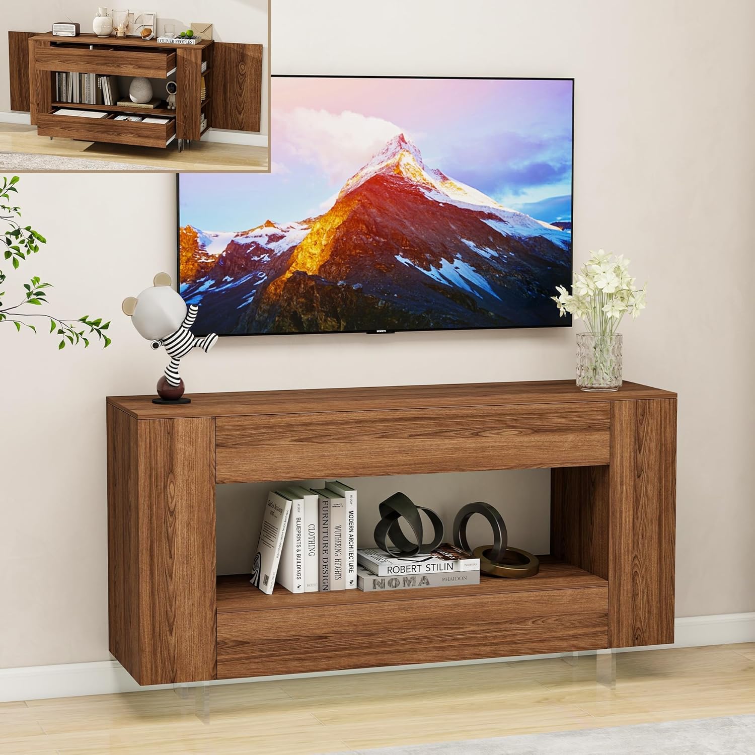 TV Stand for 65 Inch with 2 Large Drawers & Hidden Storage Cabinets, Modern Entertainment Center Television Stands for Living Room Bedroom, White Wood Grain