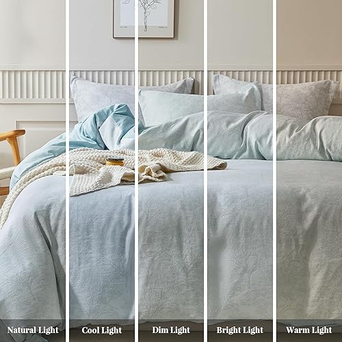 Miniatura 7 de WARMDERN Juego de funda de edredón verde tamaño King, microfibra con textura de ramas blancas y verdes, juego de funda de edredón de 3 piezas con